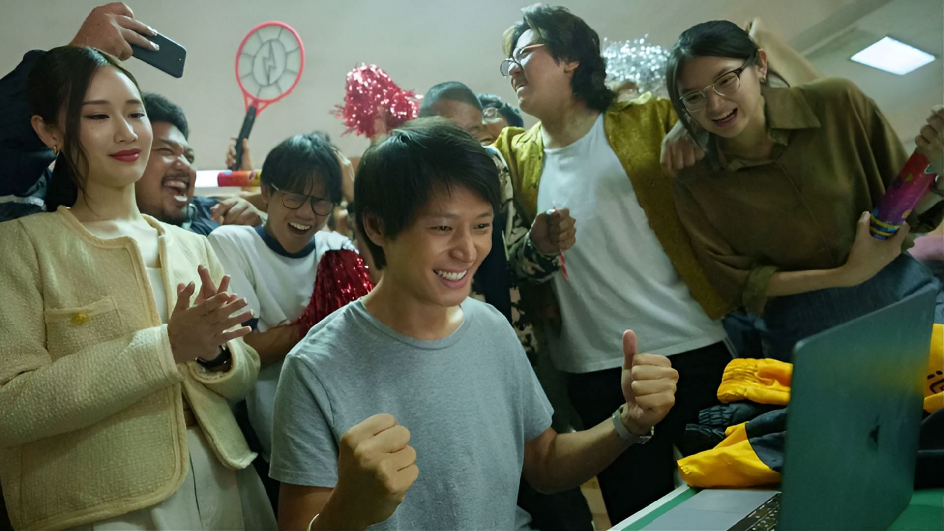 Santi and his team erupt in joy as Mally announces Thunder Express as its official partner. (Image via Netflix)